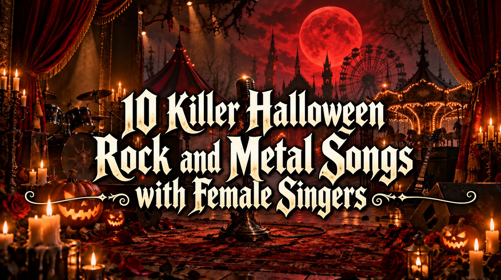 A microphone on a candlelit rock stage overlooking a Halloween nightmare carnival